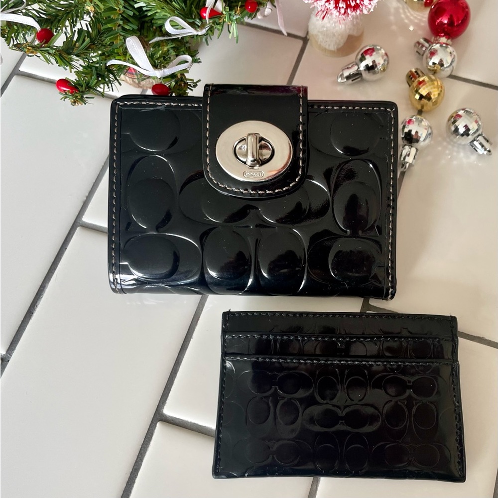 Coach Signature Monogram Black Patent Wallet and Cardholder Set